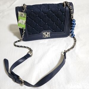 Badgley Mischka Crossbody Denim Diamond Quilted Navy Blue with Faux Pearls NWT